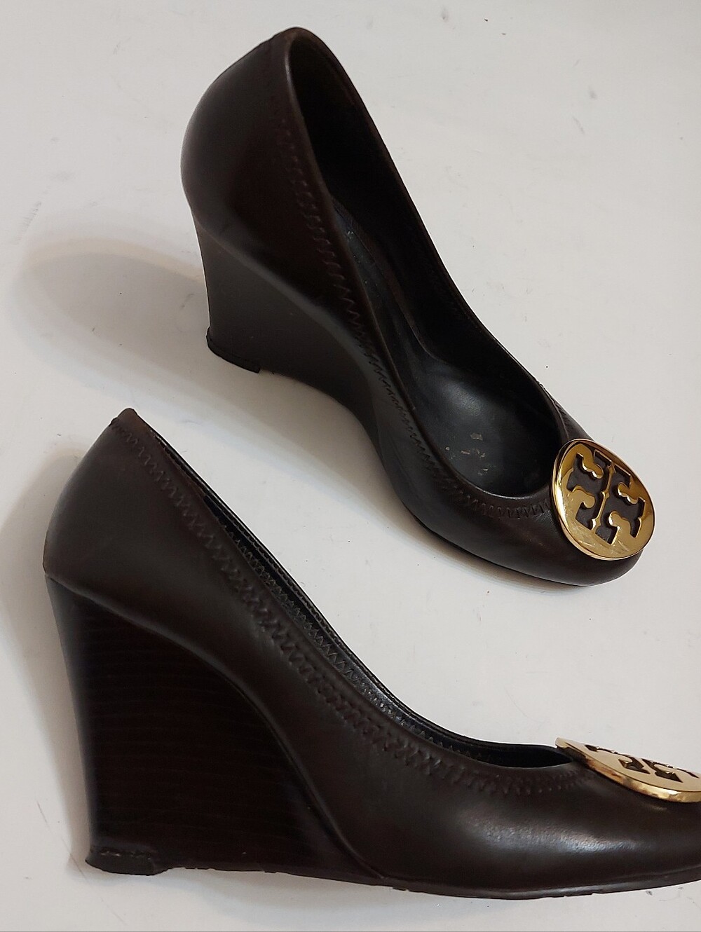 Tory Burch Dark Brown Leather Wedge Pumps with Gold Logo